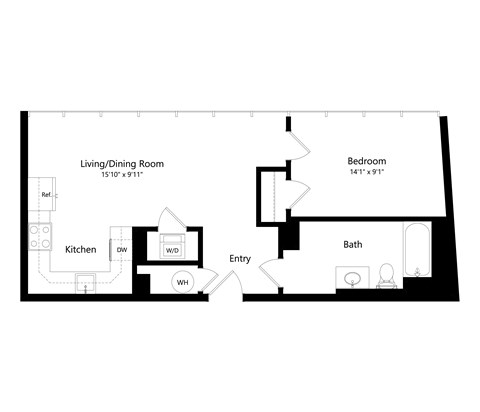 Floor plan for 1 bed, 1 bath, 554 sqft