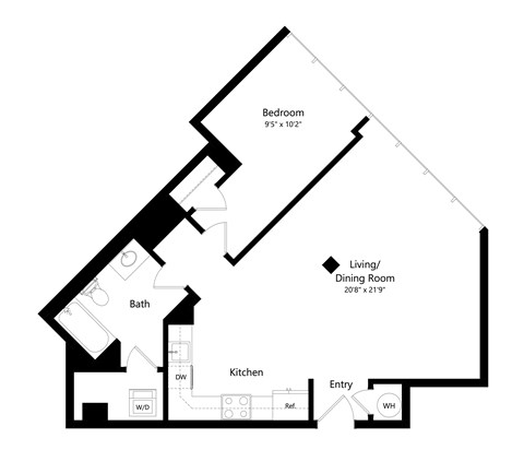 Floor plan for 1 bed, 1 bath, 726 sqft