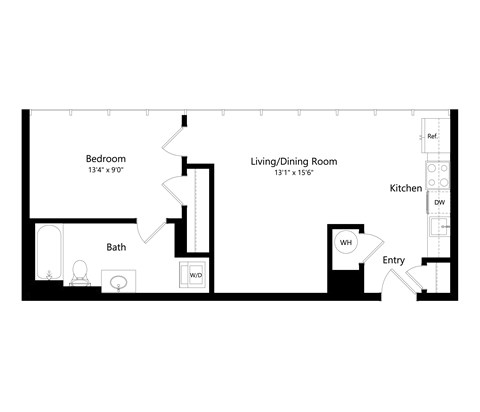 Floor plan for 1 bed, 1 bath, 563 sqft