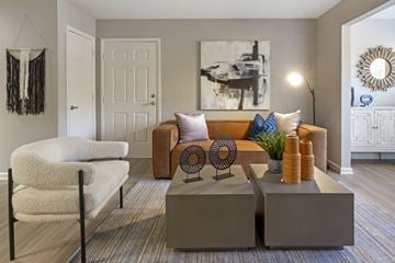 Durham apartment for rent - A living room with a white chair, a brown couch, and a large painting on the wall.