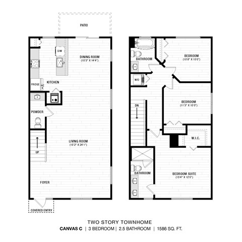 Floor plan for 3 beds, 2.5 baths, 1586 sqft