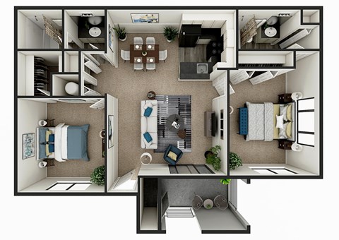 Floor plan for 2 beds, 2 baths, 940 sqft