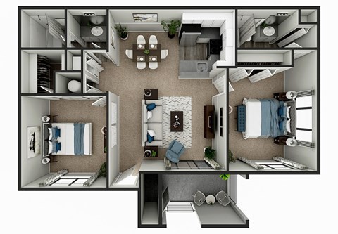 Floor plan for 2 beds, 2 baths, 940 sqft