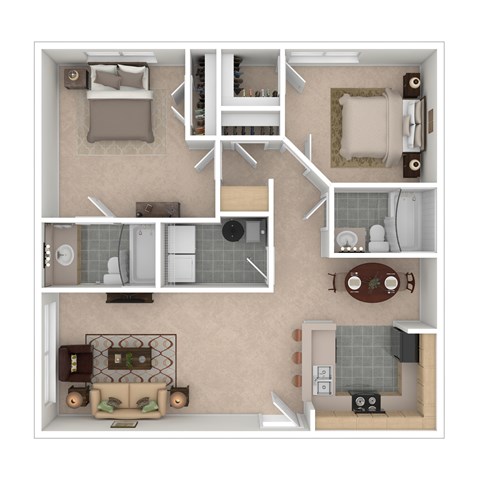 Floor plan for 2 beds, 2 baths, 1033 sqft