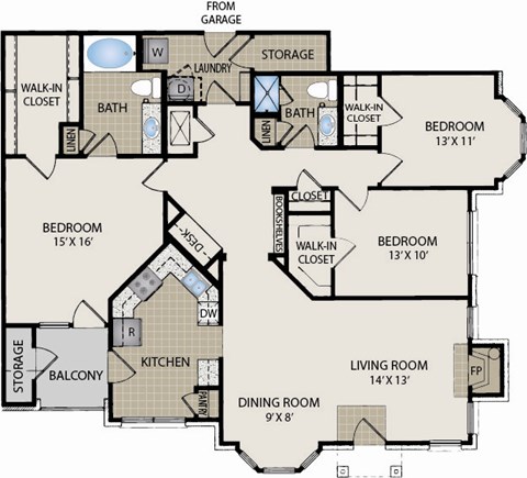 Floor plan for 3 beds, 2 baths, 1563 sqft