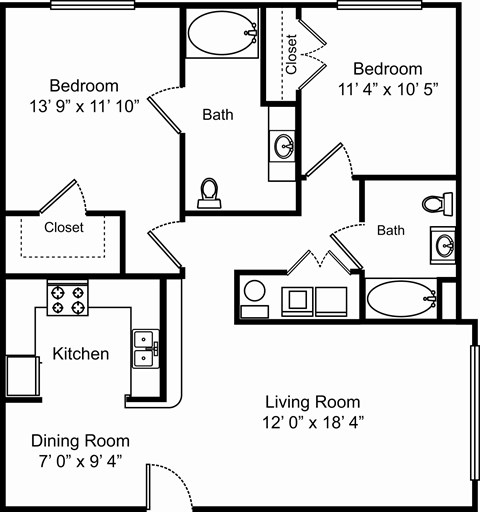 Floor plan for 2 beds, 2 baths, 1012 sqft