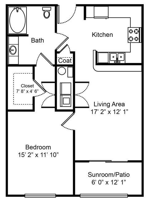 Floor plan for 1 bed, 1 bath, 826 sqft
