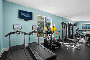 Winston Salem apartment for rent - A gym with treadmills, elliptical machines, and a television screen showing "Brookberry Park".