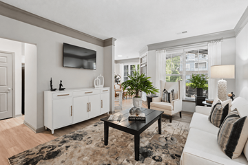 Winston Salem apartment for rent - A living room with a black coffee table and a white sofa.