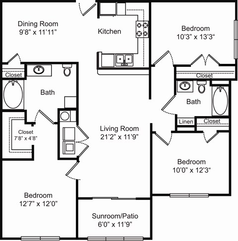 Floor plan for 3 beds, 2 baths, 1317 sqft