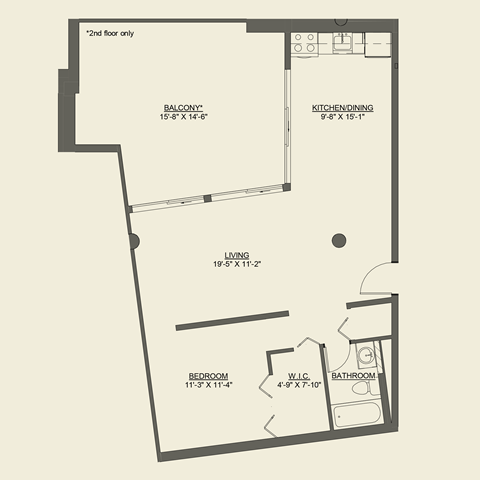 Floor plan for 1 bed, 1 bath, 774 sqft