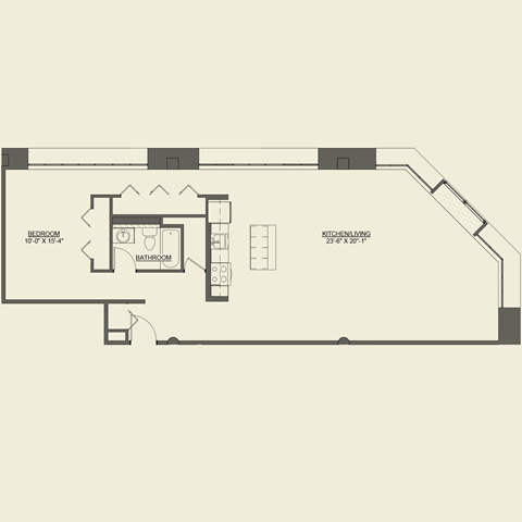 Floor plan for 1 bed, 1 bath, 1342 sqft
