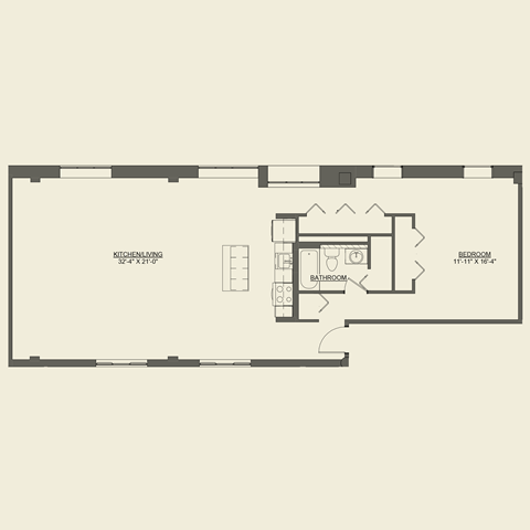Floor plan for 1 bed, 1 bath, 1298 sqft