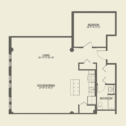 Floor plan for 1 bed, 1 bath, 1001 sqft