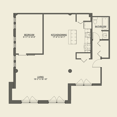 Floor plan for 1 bed, 1 bath, 1079 sqft