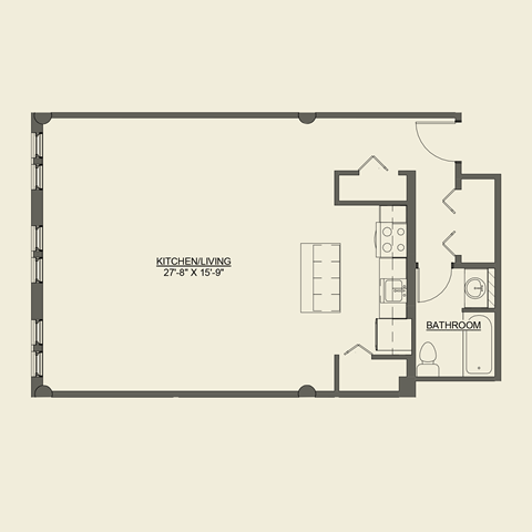 Floor plan for studio, 1 bath, 741 sqft