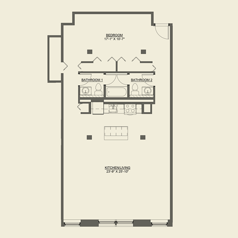 Floor plan for 1 bed, 1.5 baths, 1201 sqft