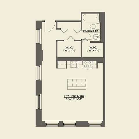 Floor plan for studio, 1 bath, 599 sqft