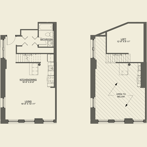 Floor plan for studio, 1 bath, 625 sqft