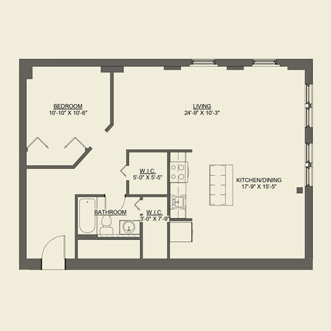 Floor plan for 1 bed, 1 bath, 1023 sqft
