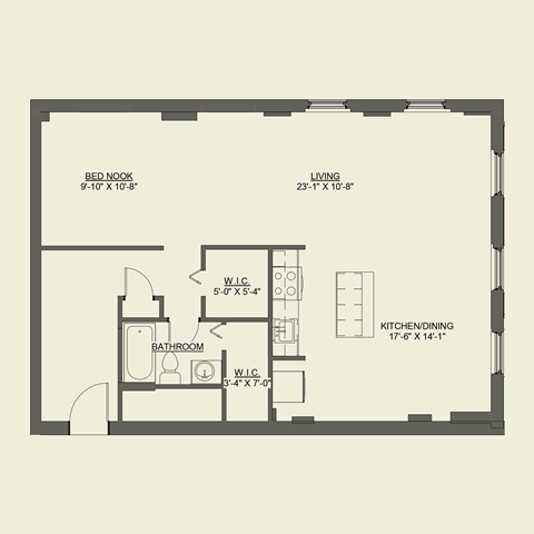 Floor plan for 1 bed, 1 bath, 920 sqft