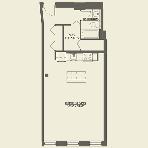 Floor plan for studio, 1 bath, 713 sqft
