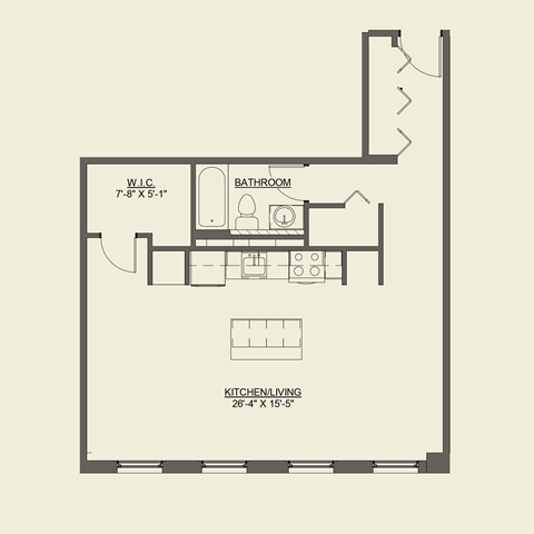 Floor plan for studio, 1 bath, 713 sqft