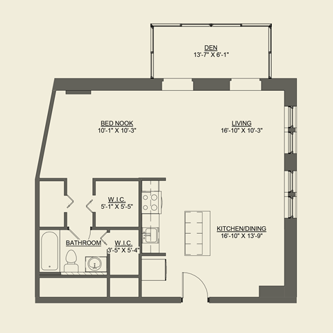 Floor plan for 1 bed, 1 bath, 920 sqft