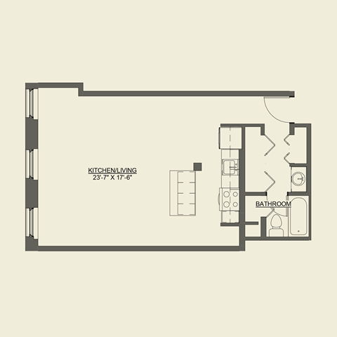 Floor plan for studio, 1 bath, 595 sqft