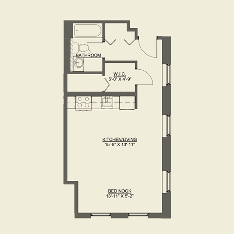 Floor plan for studio, 1 bath, 544 sqft