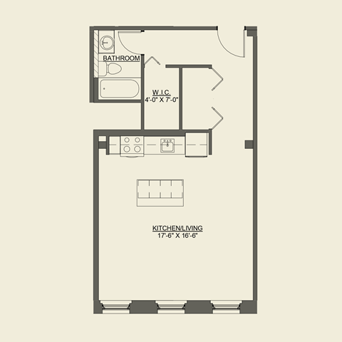 Floor plan for studio, 1 bath, 556 sqft