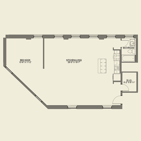 Floor plan for studio, 1 bath, 1188 sqft