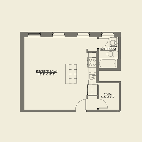 Floor plan for studio, 1 bath, 570 sqft