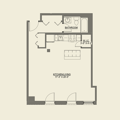 Floor plan for studio, 1 bath, 792 sqft