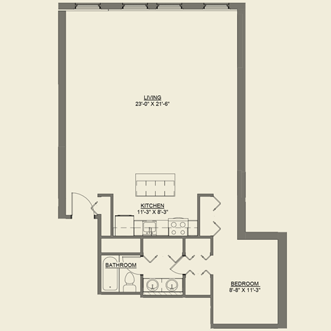 Floor plan for 1 bed, 1 bath, 1003 sqft