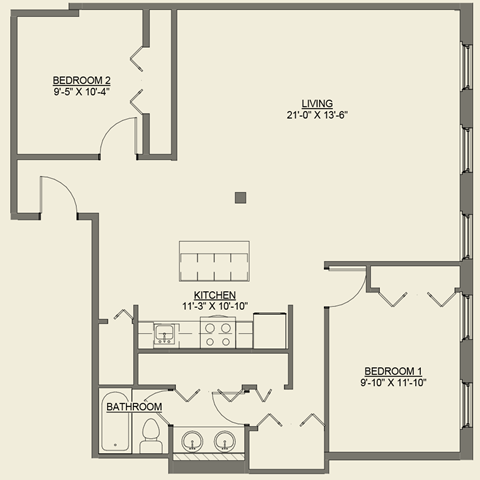 Floor plan for 2 beds, 1 bath, 1081 sqft