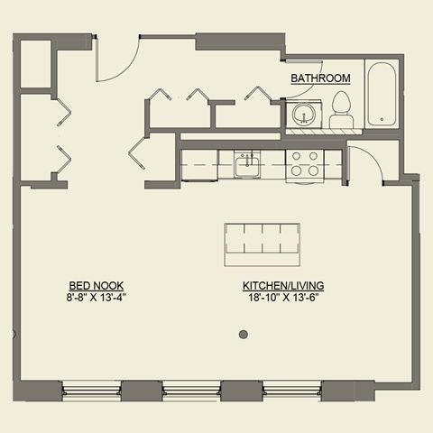 Floor plan for studio, 1 bath, 726 sqft