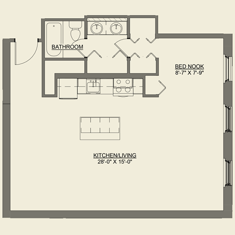 Floor plan for studio, 1 bath, 736 sqft