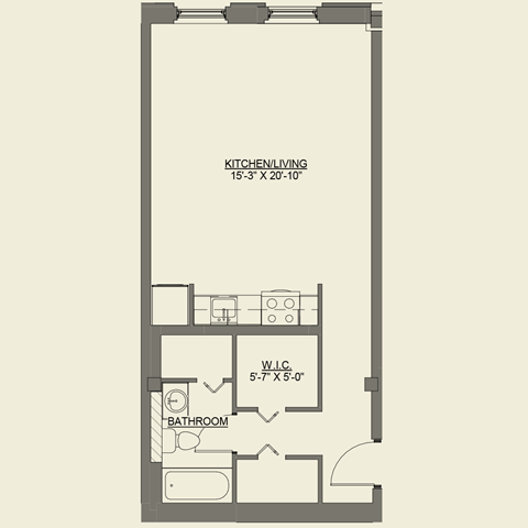 Floor plan for studio, 1 bath, 573 sqft