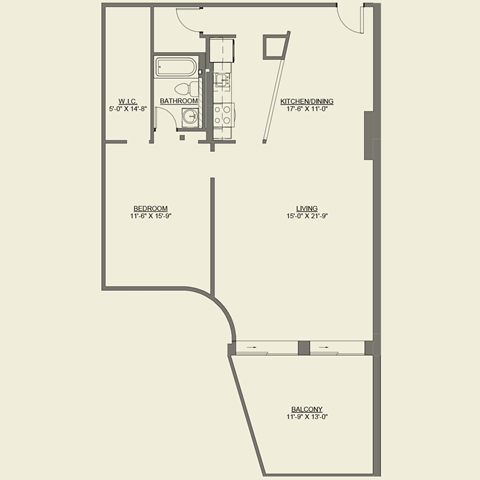 Floor plan for 1 bed, 1 bath, 1102 sqft