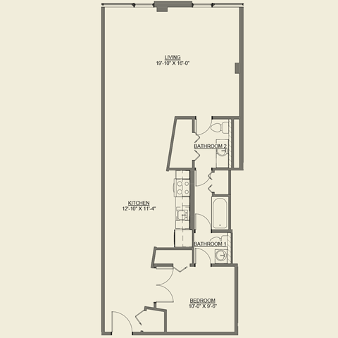 Floor plan for 1 bed, 1.5 baths, 960 sqft