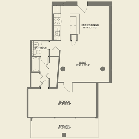 Floor plan for 1 bed, 1 bath, 851 sqft