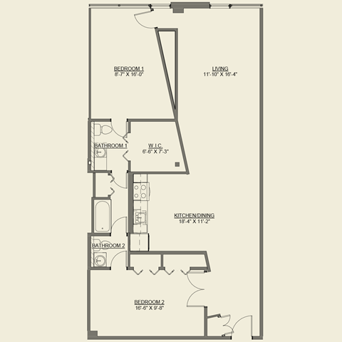 Floor plan for 2 beds, 1.5 baths, 1159 sqft