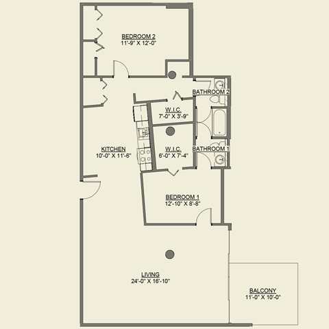 Floor plan for 2 beds, 1.5 baths, 1316 sqft