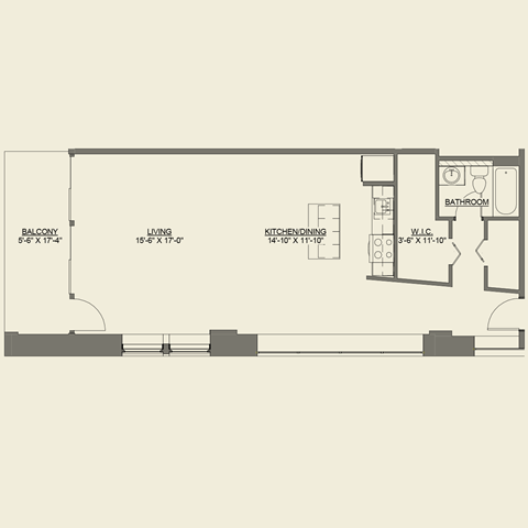 Floor plan for studio, 1 bath, 856 sqft