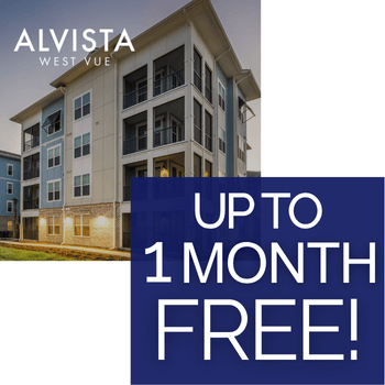 Gainesville apartment for rent - A building with a sign that says "Up to 1 month free!" in front of it.