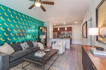 Austin apartment for rent - A living room with a grey couch and a coffee table.