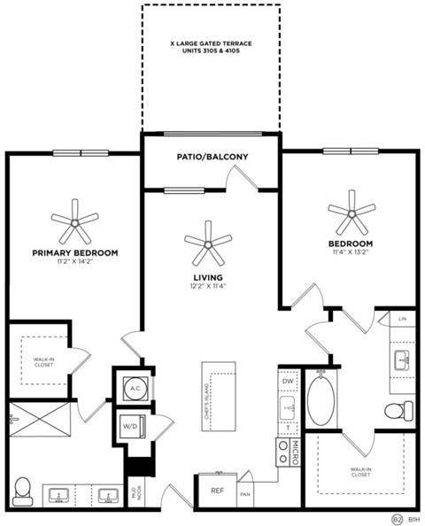 Floor plan for 2 beds, 2 baths, 1109 sqft