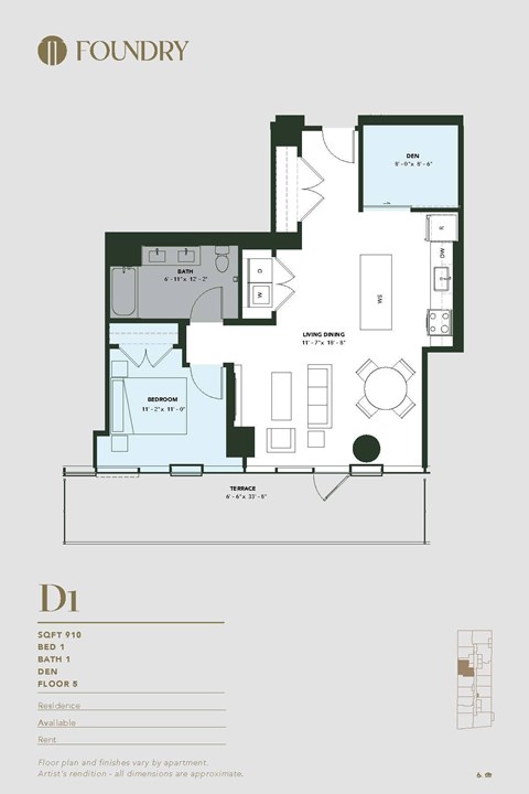 Floor plan for 1 bed, 1 bath, 910 sqft