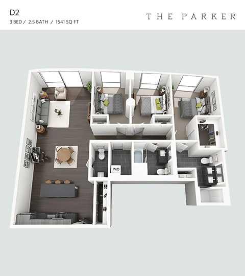 Floor plan for 3 beds, 2.5 baths, 1541 sqft